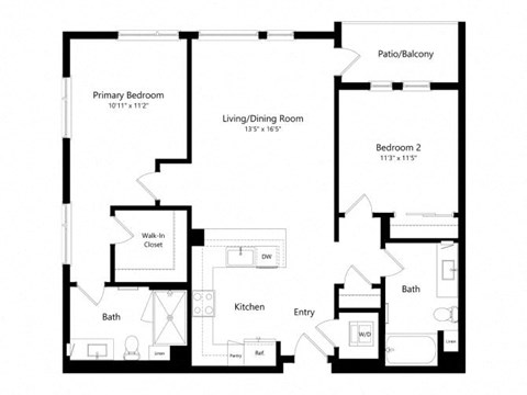 Floor plan for 2 beds, 2 baths, 1180 sqft